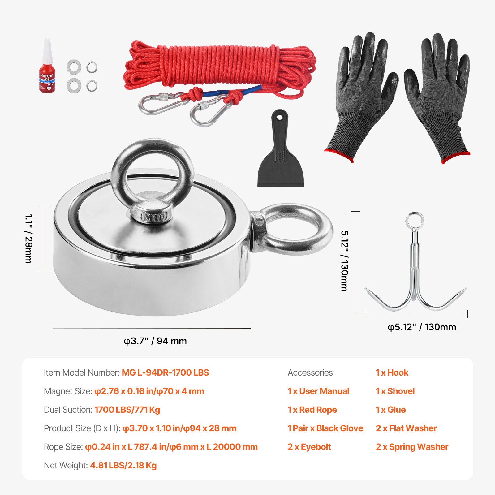 VEVOR Magnet-Angelset Magnet Angel Kit (Rot) 771 kg doppelseitige Zugkraft, Seltenerd-Neodym-Magnet-Angelset inkl. Haken Hochleistungsseil Handschuhe (Schwarz) Ringschraube Kleber Schaufel