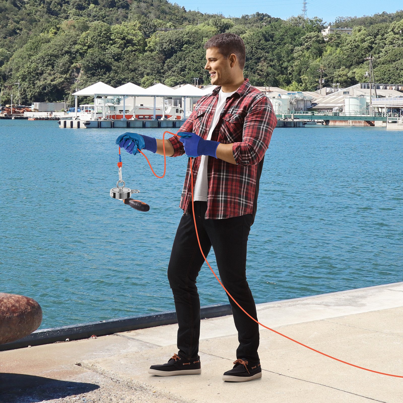 VEVOR Magnet-Angelset Magnet Angel Kit (Orange) 635 kg doppelseitige Zugkraft, Seltenerd-Neodym-Magnet-Angelset inkl. Enterhaken Hochleistungsseil Handschuhe (Blau) Tragbox Ringschraube