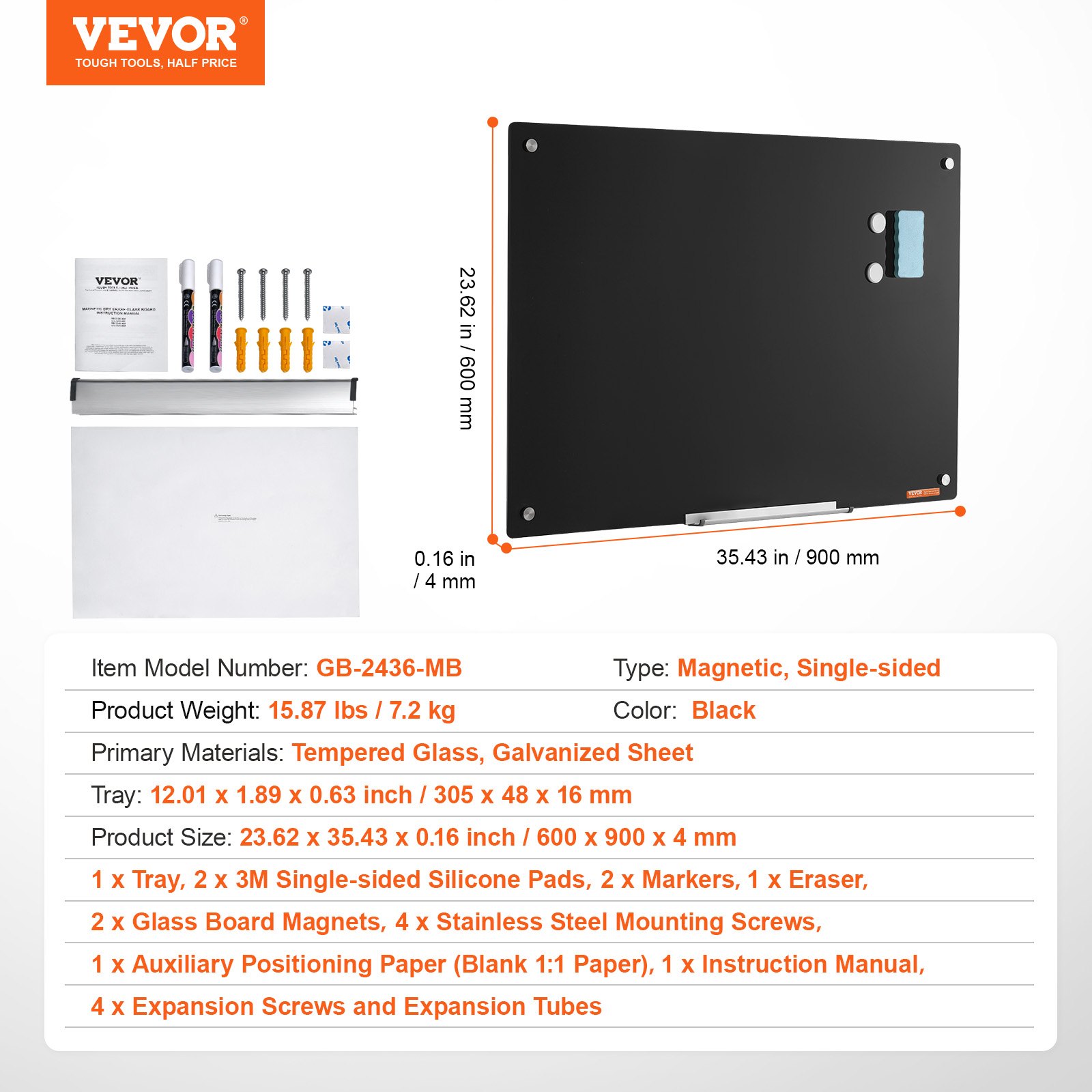 VEVOR Magnetic Glass Whiteboard, Dry Erasable Board 90 x 60 cm, Wall-Mounted Large White Glass Board without Frame, with Pen Tray, Eraser & 2 Markers, Magnetic Board Black