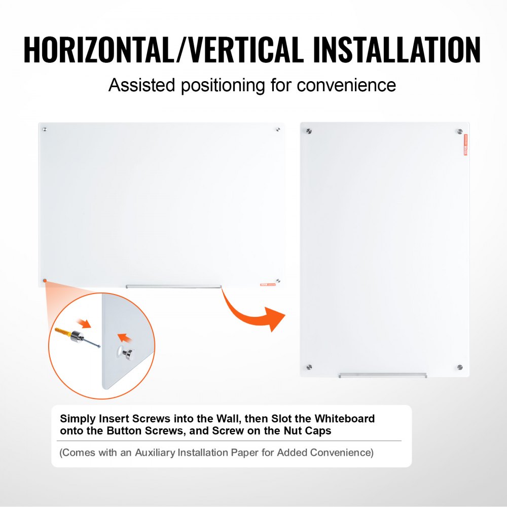 VEVOR Magnetisches Glas-Whiteboard, Wandtafel Trocken Abwischbare Tafel 120 x 80 cm, Wandmontiertes Weißes Glasboard ohne Rahmen, mit Stiftablage, einem Radiergummi& 2 Stiften, Magnettafel Weiß