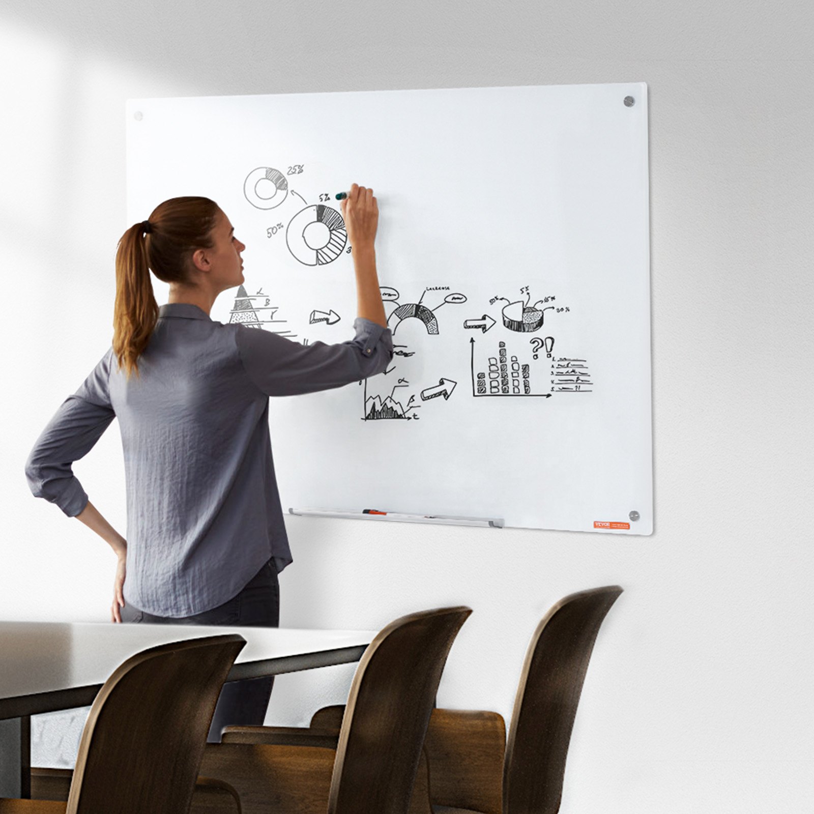 VEVOR Magnetisches Glas-Whiteboard, Wandtafel Trocken Abwischbare Tafel 120 x 80 cm, Wandmontiertes Weißes Glasboard ohne Rahmen, mit Stiftablage, einem Radiergummi& 2 Stiften, Magnettafel Weiß
