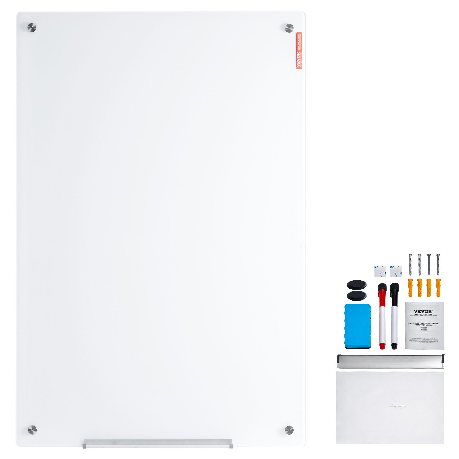 VEVOR Magnetisches Glas-Whiteboard, Wandtafel Trocken Abwischbare Tafel 120 x 80 cm, Wandmontiertes Weißes Glasboard ohne Rahmen, mit Stiftablage, einem Radiergummi& 2 Stiften, Magnettafel Weiß