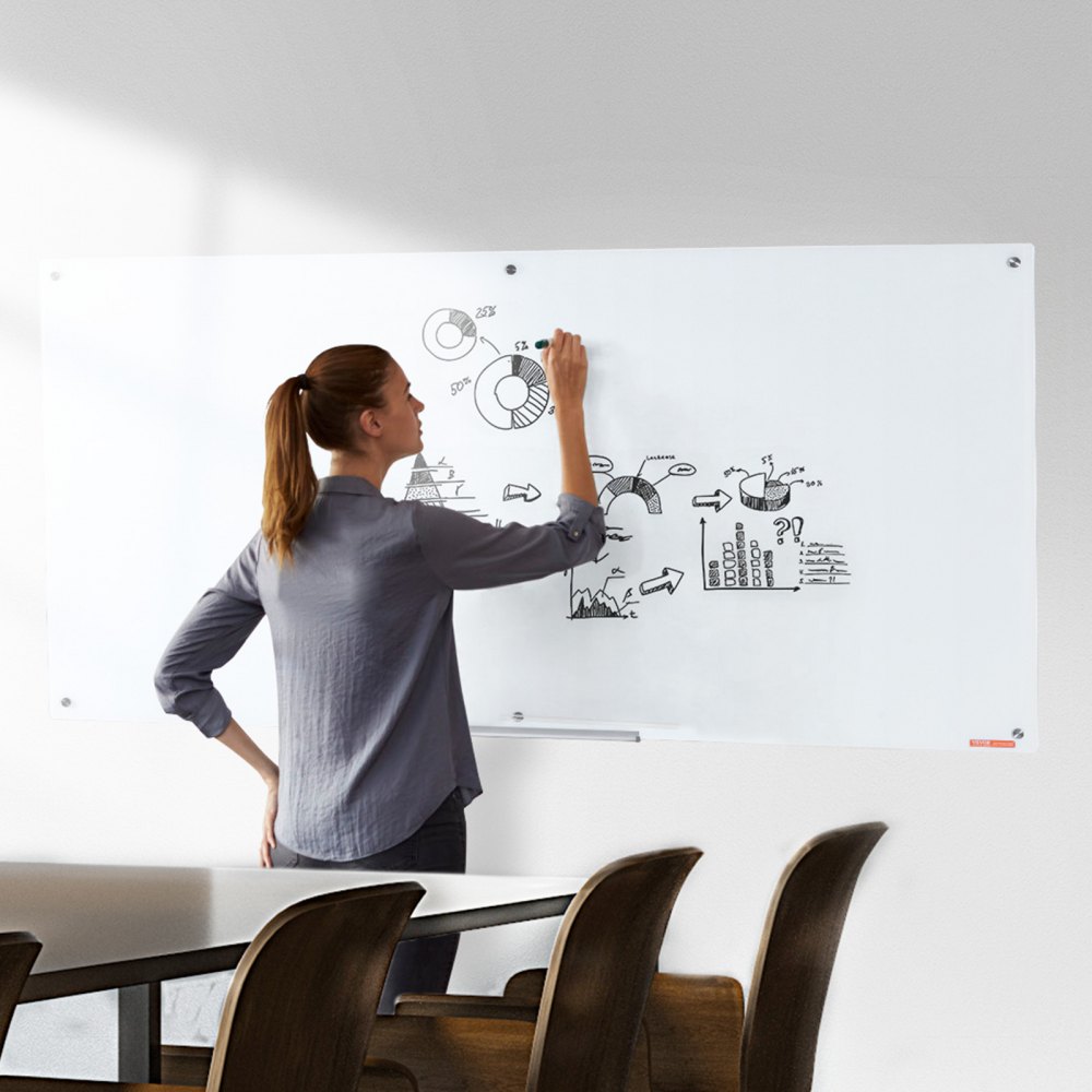 VEVOR Magnetisches Glas-Whiteboard, Wandtafel Trocken Abwischbare Tafel 1829 x 915 cm, Wandmontiertes Weißes Glasboard ohne Rahmen, mit Stiftablage, einem Radiergummi& 2 Stiften, Magnettafel Weiß