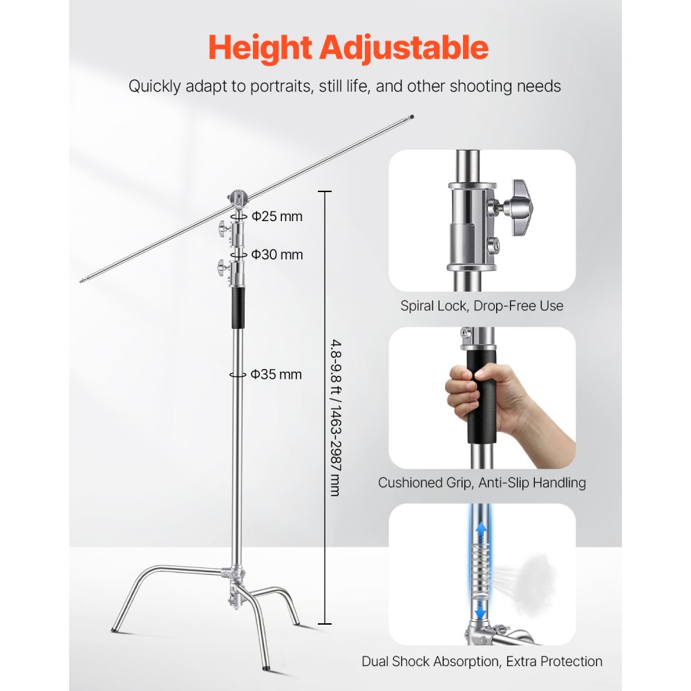 VEVOR C-Stand Lampentständer, max. Höhe 330 cm, Foto-Lichtstativ aus Edelstahl mit einstellbarer Höhe von 1463 bis 2987 mm, 20 kg Tragkraft für Studio-Softbox, Monolight, Reflektor