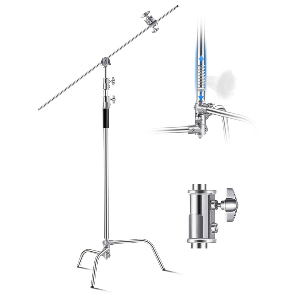VEVOR C-Ständer mit Auslegerarm, max. Höhe 330 cm, robustes Foto-Lichtstativ aus Edelstahl mit einstellbarer Höhe von 1463 bis 2987 mm, 2 Griffköpfe für Studio-Monolicht, Softbox, Reflektor