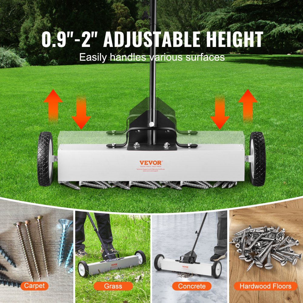 VEVOR 24-inch Magnetic Sweeper with Wheels, 50 lbs Capacity, with Extendable Magnetic Pickup Tool, Adjustable Handle, Magnetic Pickup Sweeper for Collecting Nails and Screws, for Workshop, Garage, Yard