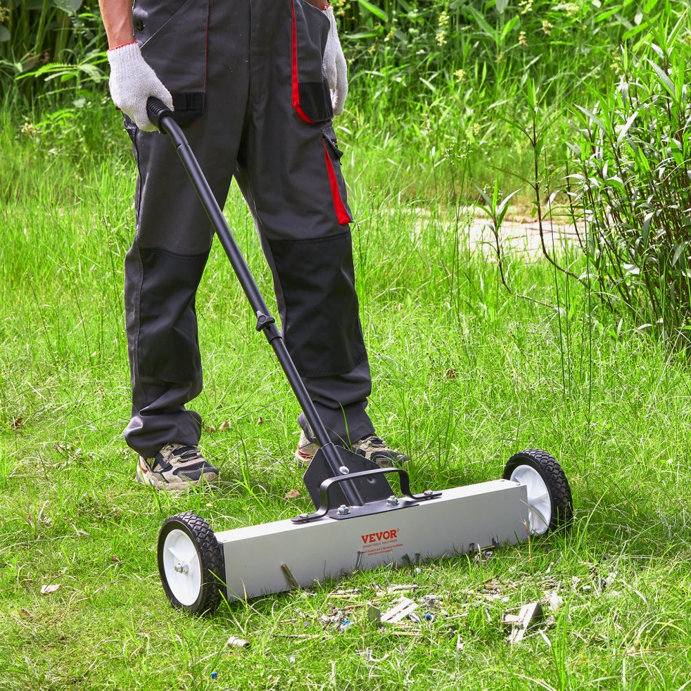 VEVOR 24-inch Magnetic Sweeper with Wheels, 50 lbs Capacity, with Extendable Magnetic Pickup Tool, Adjustable Handle, Magnetic Pickup Sweeper for Collecting Nails and Screws, for Workshop, Garage, Yard