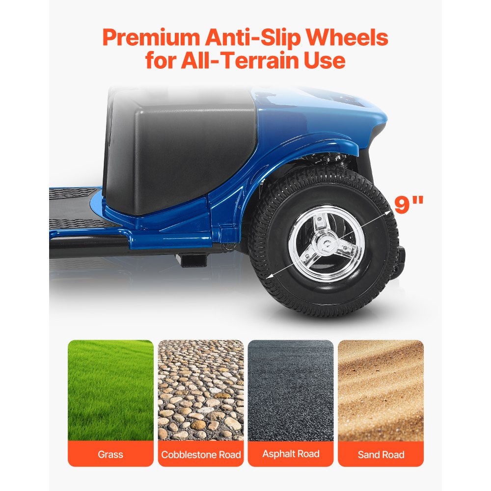 VEVOR 4-Rad-Elektromobil für Senioren, Mobilitätsroller mit 25 km Reichweite, Seniorenmobil, All-Terrain-Reiserollstuhl mit Anti-Rutsch-Rädern, 9° Steigfähigkeit & 120 kg Tragkraft, Blau