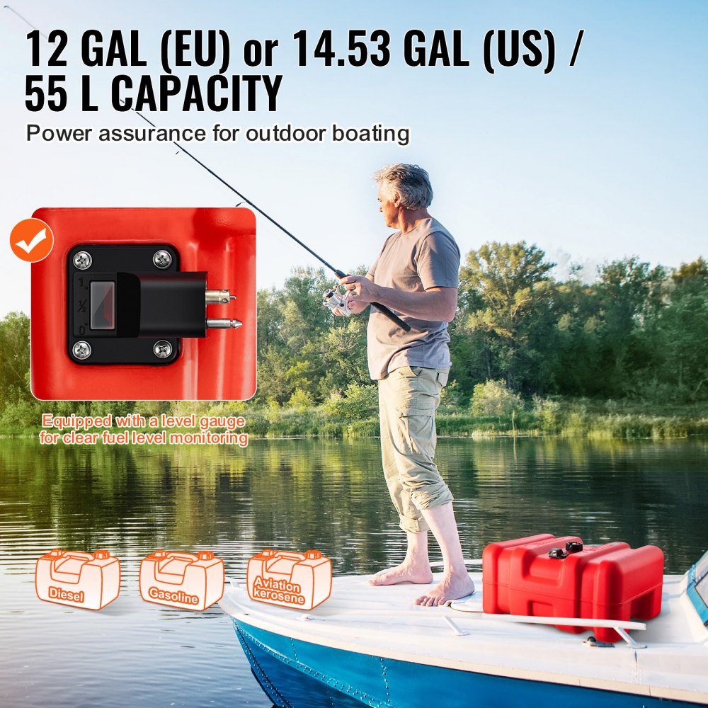 VEVOR Marine-Kraftstofftank, 55 L, tragbarer Bootstank mit Außenbordmotor, Kunststoff-Außenbord-Kraftstofftank für Marineboote mit Schlauch, leicht zu tragen für Yacht, Fischerboot, Deckboot, rot