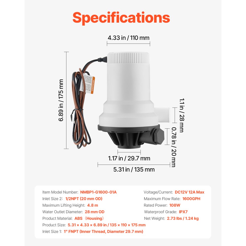 VEVOR 12 V 1600 GPH gerade Livewell-Belüftungspumpe für Boote mit Doppeleinlass, ABA-Gehäuse, abnehmbarer Motorkartusche, korrosionsbeständiger Livewell-Belüftungspumpe für Süß- und Salzwasser