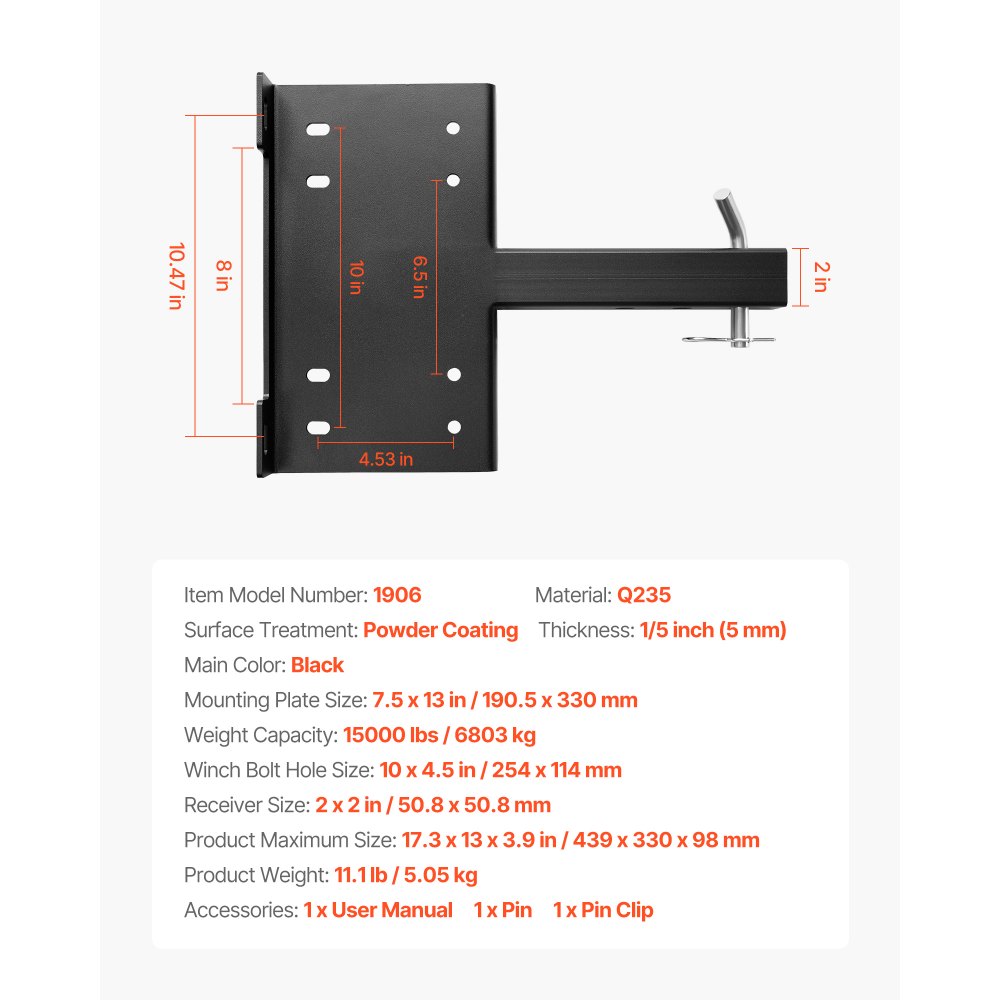 VEVOR Universal Trailer Hitch Mount, 6803 kg, Winch Mounting Plate Receiver 50.8 mm, with 2-Hole Mounting, Powder-Coated Steel, for Mountain Bikes, UTVs, Trucks, Black
