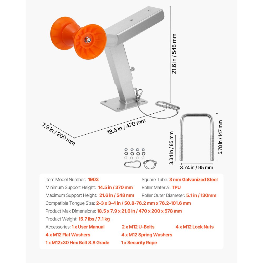 VEVOR Bootsanhänger-Sitz mit Rolle, 365–548 mm höhenverstellbar, Windstand mit U-Bolzen für 50,8–76,2 mm B x 76,2–101,6 mm H Anhängerkupplung, passend für Jetski, Segelboot, Schnellboot