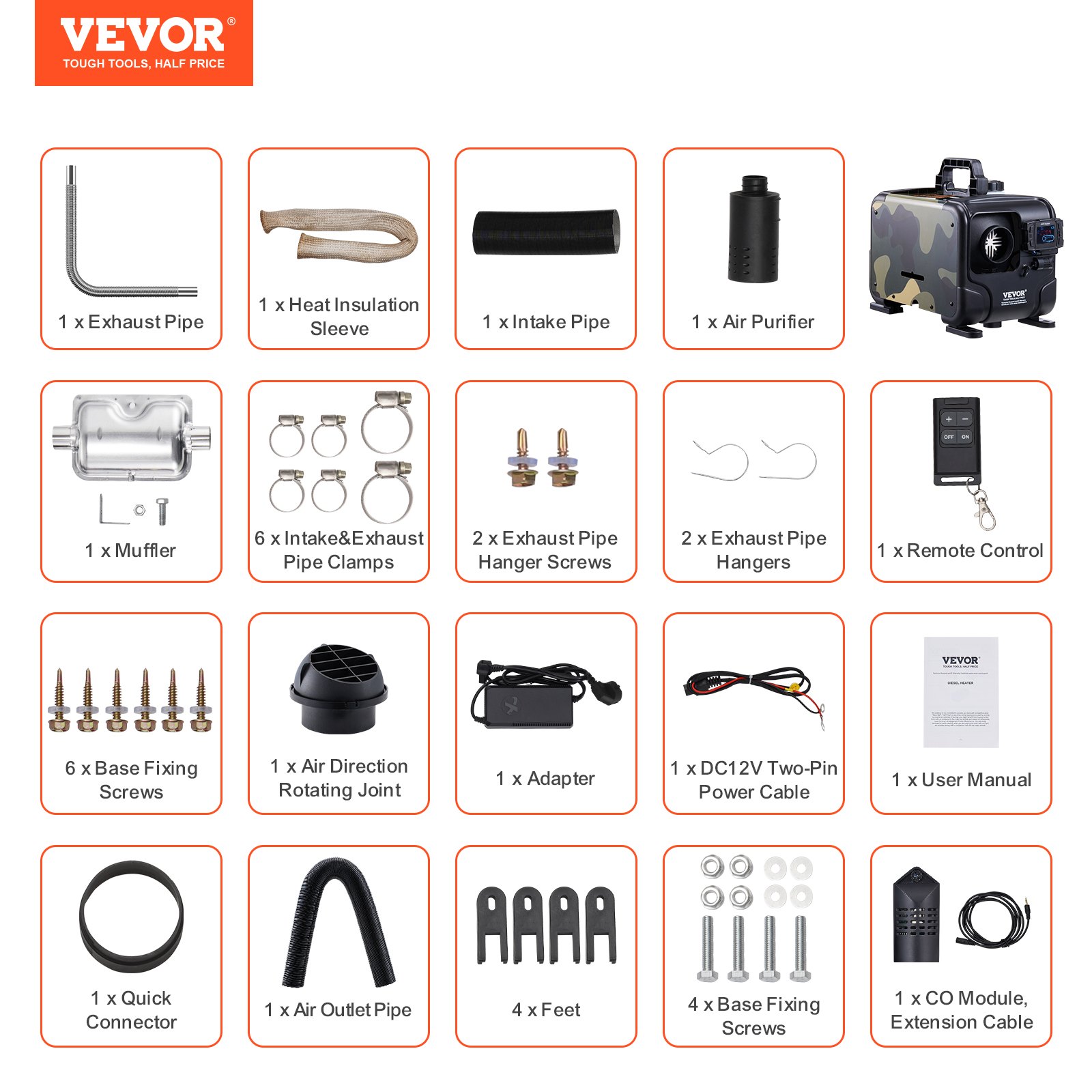 VEVOR 8 kW Dieselheizung 12 V / 24 V All in One Diesel-Luftheizung mit Bluetooth-App & Fernbedienung & Anzeigebildschirm & CO-Alarm, schnell aufheizende horizontale tragbare horizontale Dieselheizung