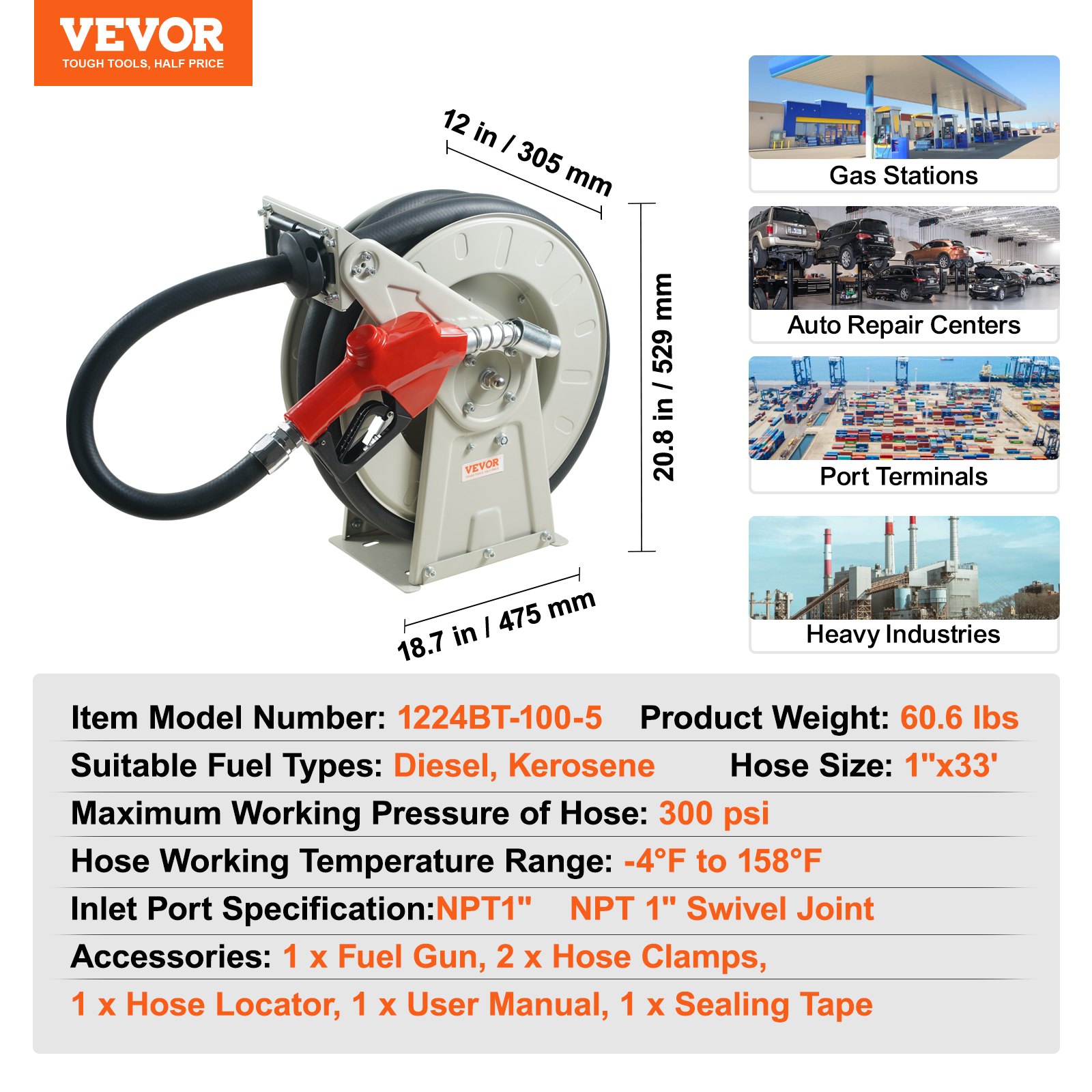 VEVOR Fuel Hose Reel 2.54 cm x 10.06 m Carbon Steel Diesel Hose Reel with Automatic Fuel Nozzle NBR Rubber Hose for Tankers, Aircraft, Ships, and Vehicles 300 PSI