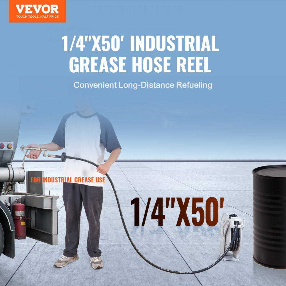 VEVOR Fuel Hose Reel, 1/4 Inch x 50 Foot, Extra Long Retractable Grease Hose Reel, Spring-Operated Automatic Swivel Return, Heavy-Duty Carbon Steel Construction with Sch