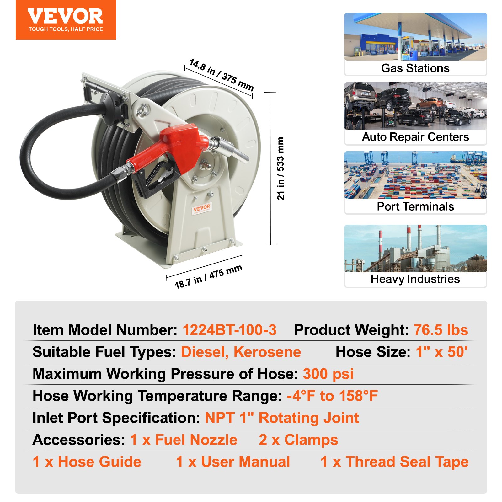 VEVOR Hose Reel 25.4 mm x 15.24 m Hose Winder Air Hose Reel Max. Working Pressure 300 PSI Compressed Air Hose Reel Diesel Kerosene for Car Dealerships Workshop Home Studio Garage