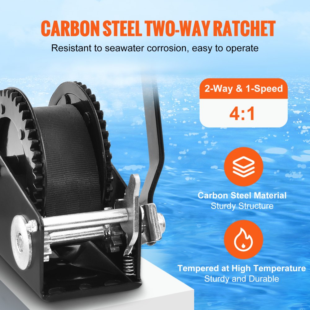 VEVOR 907.1kg Hand Winch 208x105x151mm Boat Winch 2-Way Ratchet/1-Speed Hand Winch with approx. 7m Polyester Strap Winch with Ergonomic Handle Hand Rope Pull Winch for Vehicles and Boats