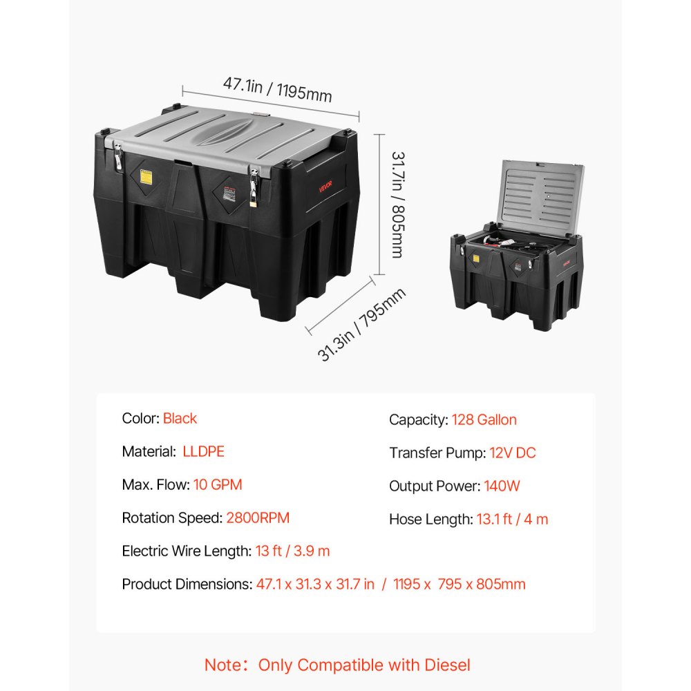 VEVOR Tragbarer Dieseltank, 484,5 L Fassungsvermögen & 45 L/min Durchflussrate, Gaskraftstofftank mit 12 V Transferpumpe & 4 m Gummischlauch, Diesel-Transfertanks für Kraftstofftransport, Schwarz