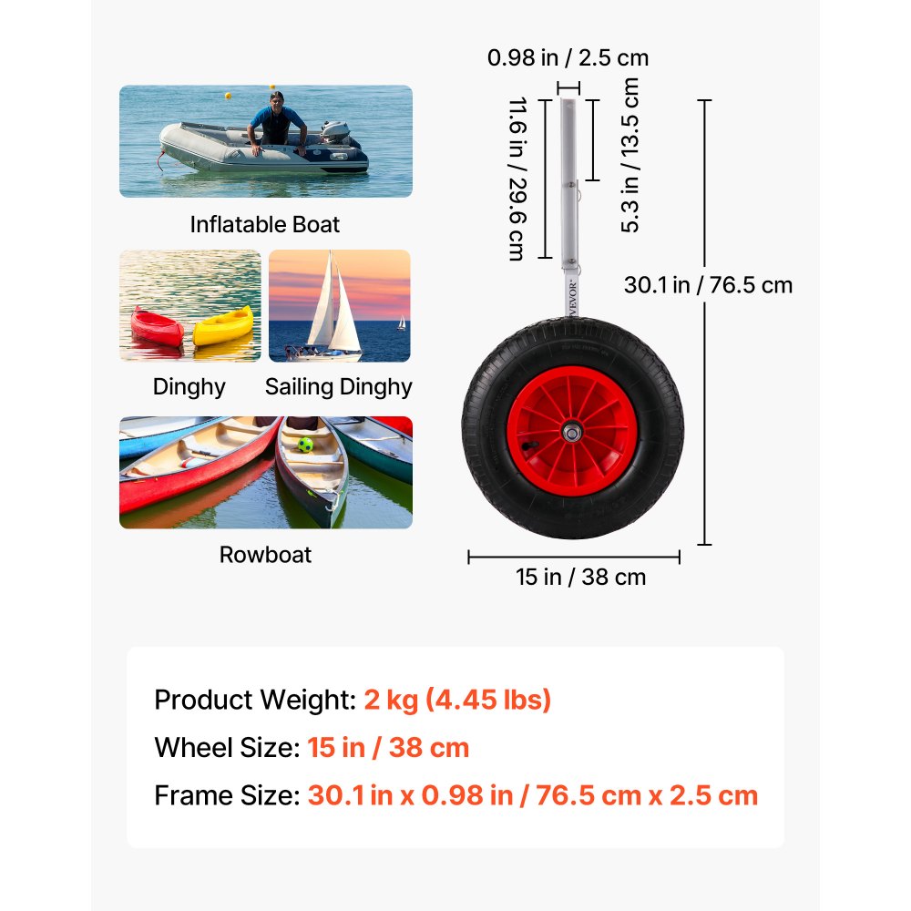 VEVOR Heckräder 300 lbs Tragfähigkeit, Slipräder 15 Zoll, Starträder aus Aluminiumlegierung, Bootsräder mit 4 x Schnellspannstiften fürSchlauchboote Schlammboote Ruderboote Segeljollen