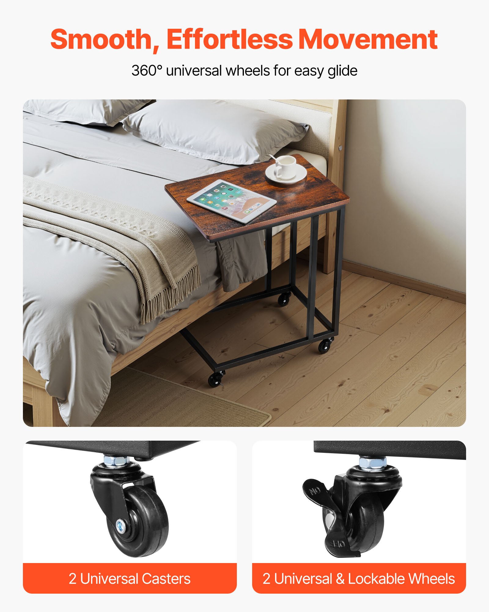 VEVOR Beistelltisch Kaffeetisch mit Metallrahmen rollbar, C-förmiger Couchtisch für Wohnzimmer Schlafzimmer Büro 500 x 350 x 605 mm TV-Tablett, Wohzimmertisch Sofatisch Braun und Schwarz