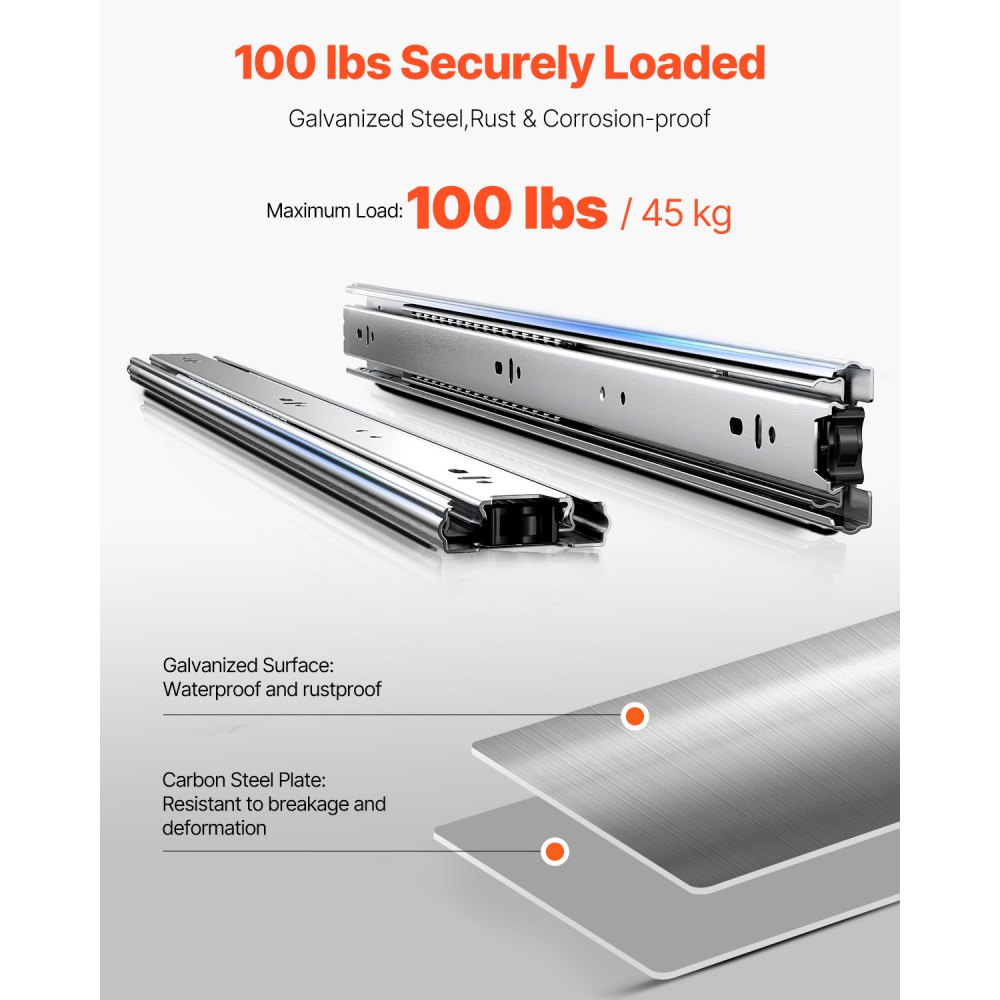 VEVOR drawer slides, 600 mm, 10 pairs of extendable cabinet slides with ball bearings, 45 kg load capacity, robust side-mounted dresser drawer slides, drawer slides for DIY replacement