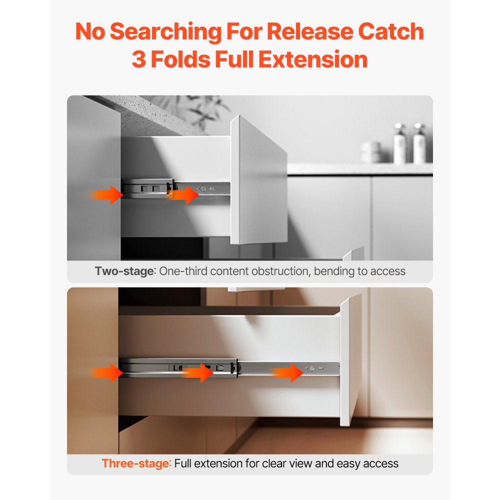 VEVOR drawer slides, 600 mm, 10 pairs of extendable cabinet slides with ball bearings, 45 kg load capacity, robust side-mounted dresser drawer slides, drawer slides for DIY replacement