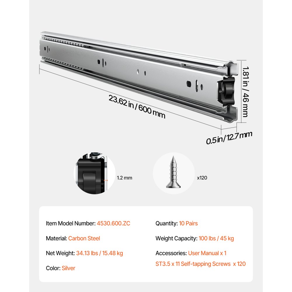 VEVOR drawer slides, 600 mm, 10 pairs of extendable cabinet slides with ball bearings, 45 kg load capacity, robust side-mounted dresser drawer slides, drawer slides for DIY replacement
