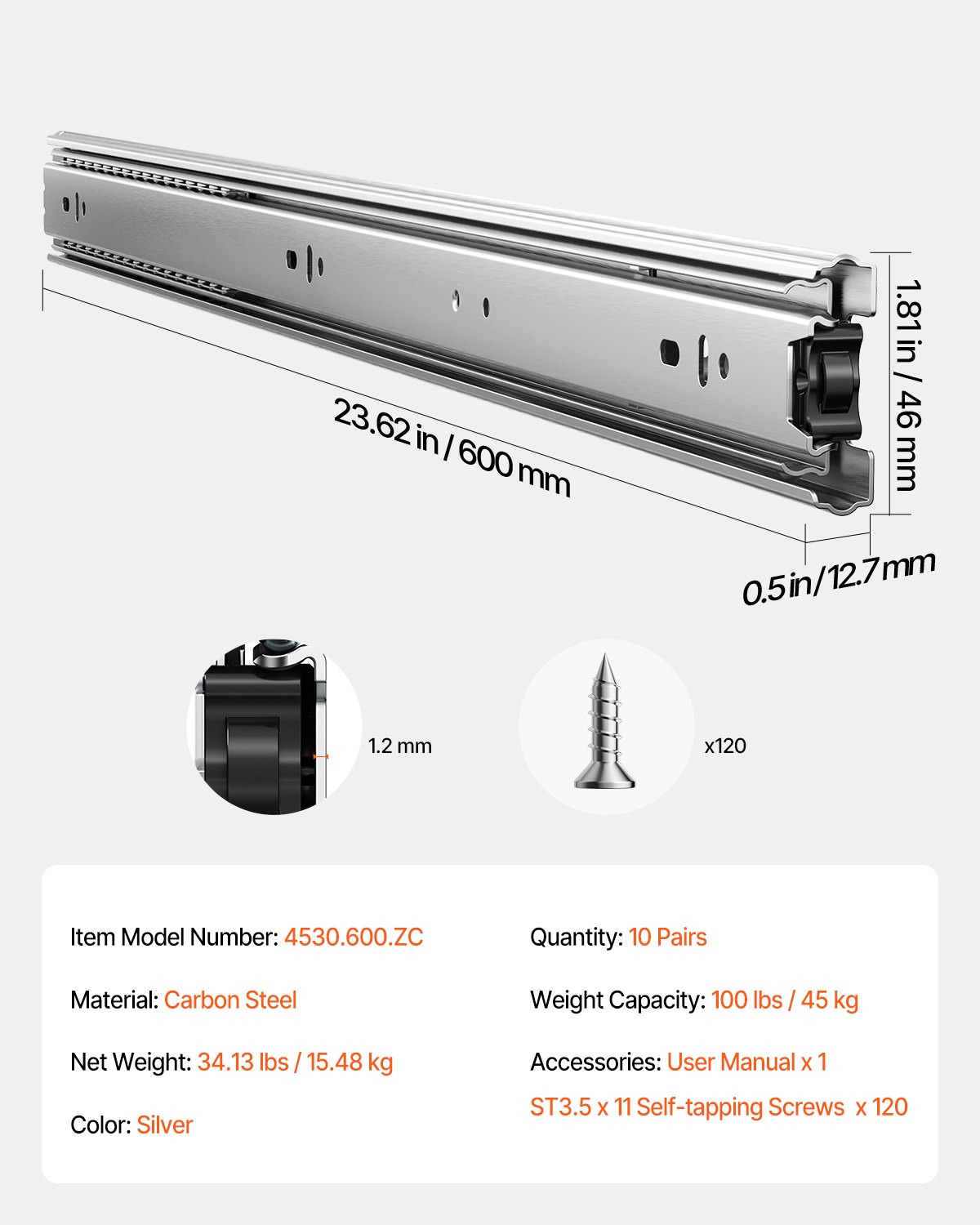VEVOR drawer slides, 600 mm, 10 pairs of extendable cabinet slides with ball bearings, 45 kg load capacity, robust side-mounted dresser drawer slides, drawer slides for DIY replacement