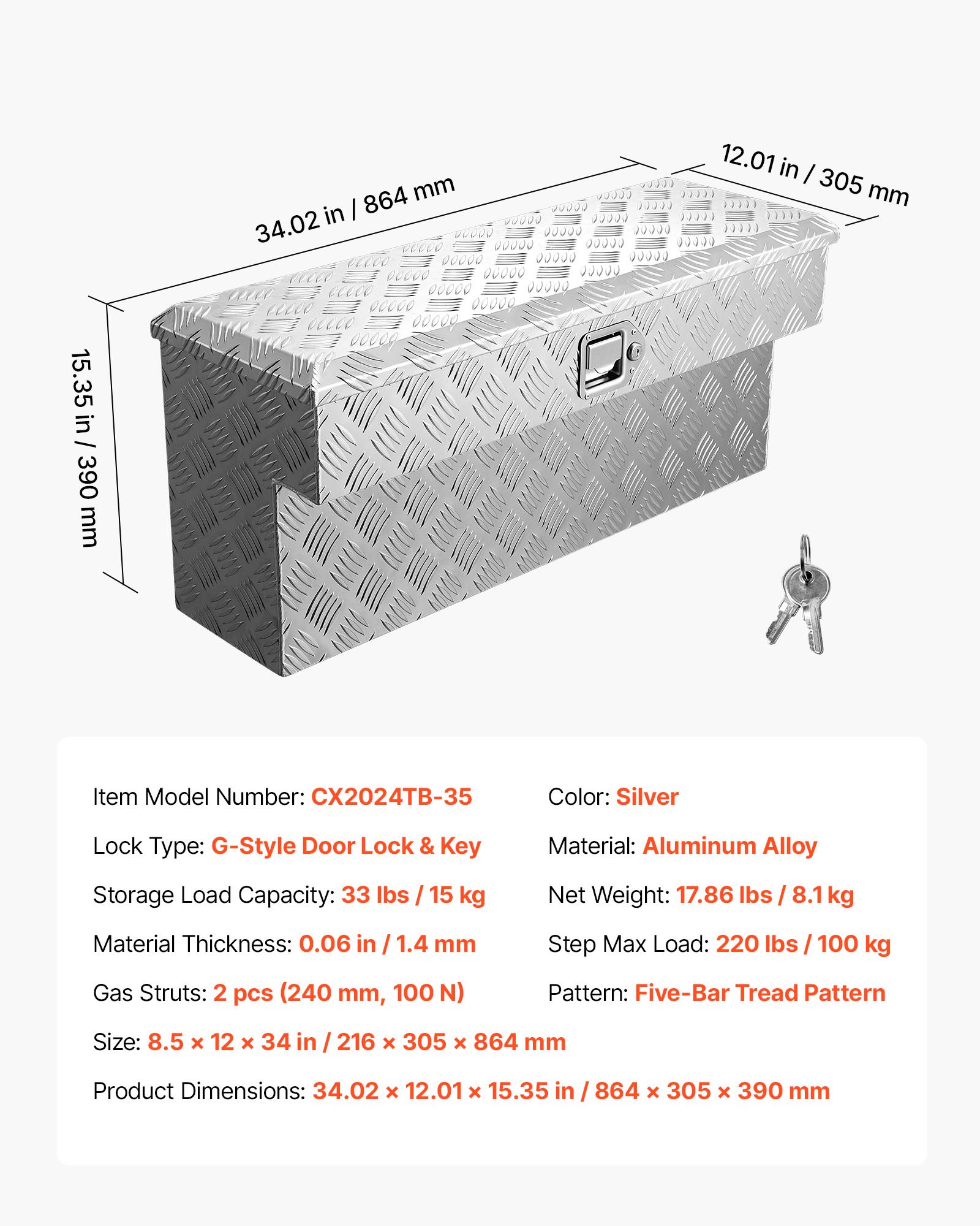VEVOR Truck Bed Tool Box, Heavy Duty Aluminum Tool Box with Tread Patterns, Storage Toolbox Chest Organizer with Lock and Key, Ideal for Pickup, Truck Bed, RV, Trailer, 864 x 305 x 390 mm, Silver