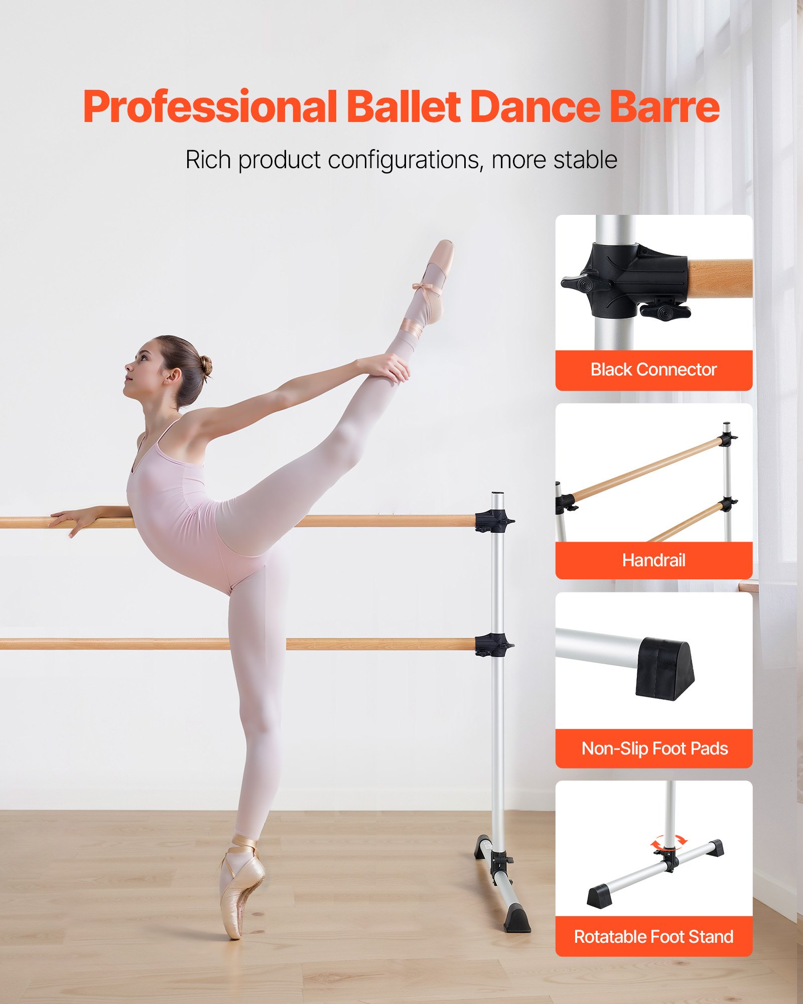 VEVOR Ballettstange Tanzstange freistehende Doppelstange, höhenverstellbare (170-1165 mm) Stretchstange aus Holz für Ballettübung, Gleichgewichtstraining, Entspannungsübungen