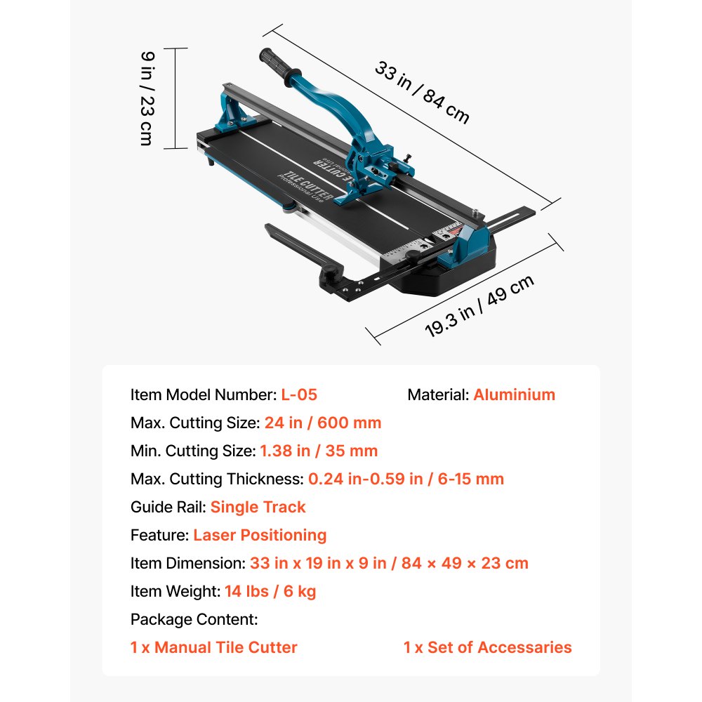 VEVOR Manuelle Fliesenschneidmaschine 35-600 mm, Fliesen Schneidemaschine, Fliesenschneider Schnittdicke 6-15 mm, Extra Schneidrad, Keramik Bodenfliesenschneider, Laser-Positionierung, Einspurig 6 kg