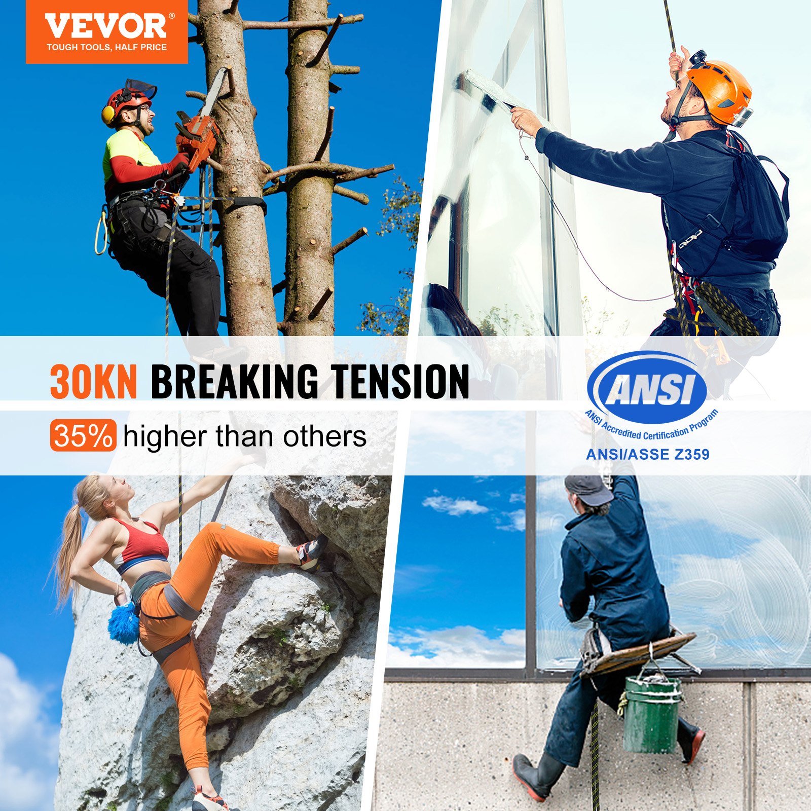 VEVOR Vertikales Rettungsseil Sicherheitsseil 45,7 m Outdoor-Kletterseil, 30 kN statisches Kletterseil mit Stahlkarabinerhaken und Seilhalter, für Outdoor-Abenteuer und Holzfällerei, Schwarz & Gelb