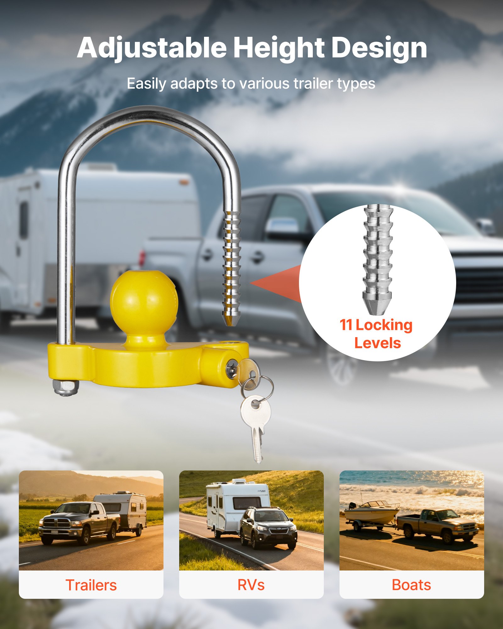 VEVOR Anhängerschloss-Set, passend für 1-7/8 Zoll, 2 Zoll, 2-5/16 Zoll Kupplungen, Anhängerkugelsperrkupplung mit Schlüsseln, höhenverstellbares Design für RV, Boote, Anhänger, Gelb
