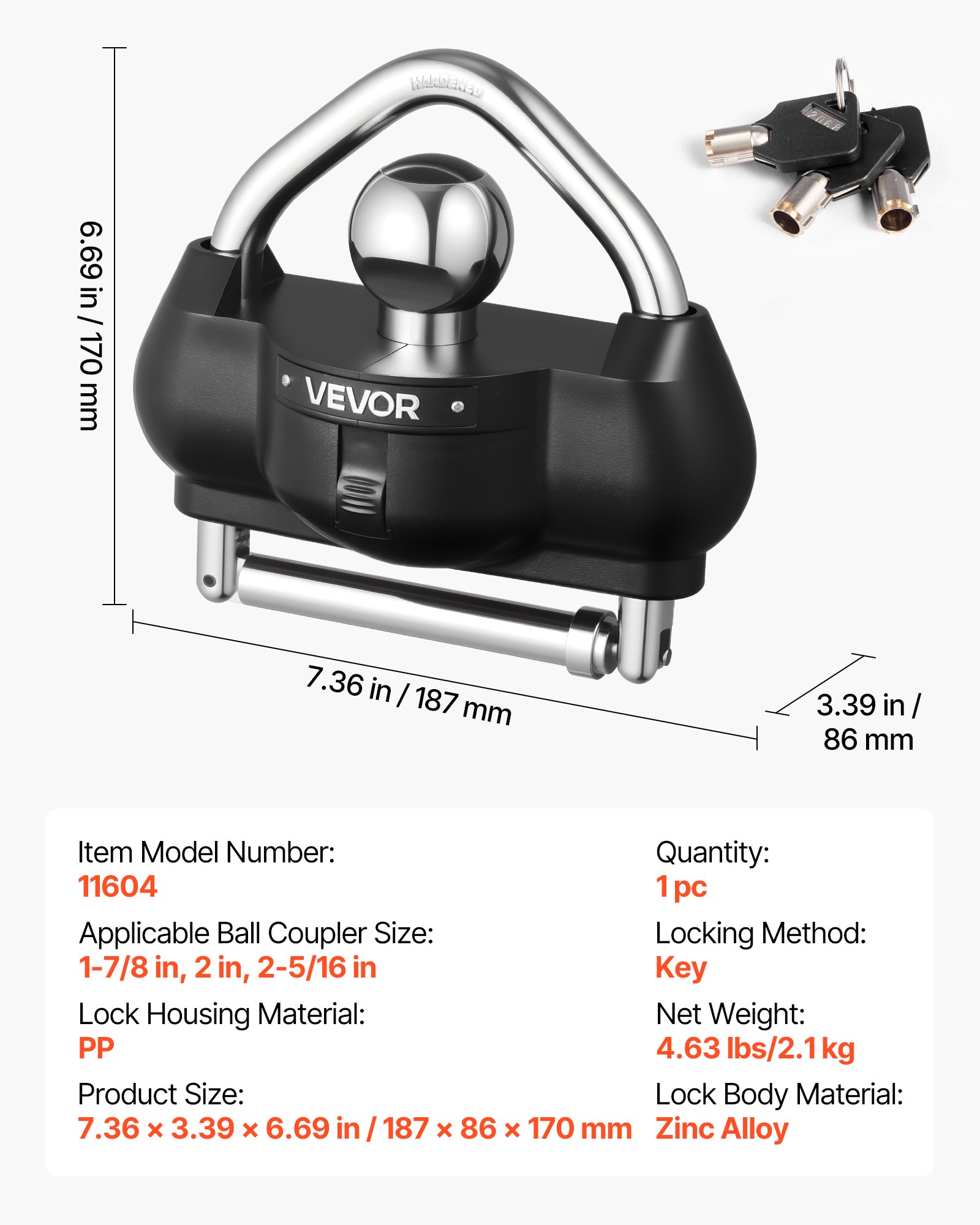 VEVOR Anhängerschloss, passend für 1-7/8 Zoll, 2 Zoll, 2-5/16 Zoll Kupplungen, diebstahlsicheres Kugelschloss mit 3 Schlüsseln, höhenverstellbares Design für Wohnmobile, Boote, Anhänger, schwarz