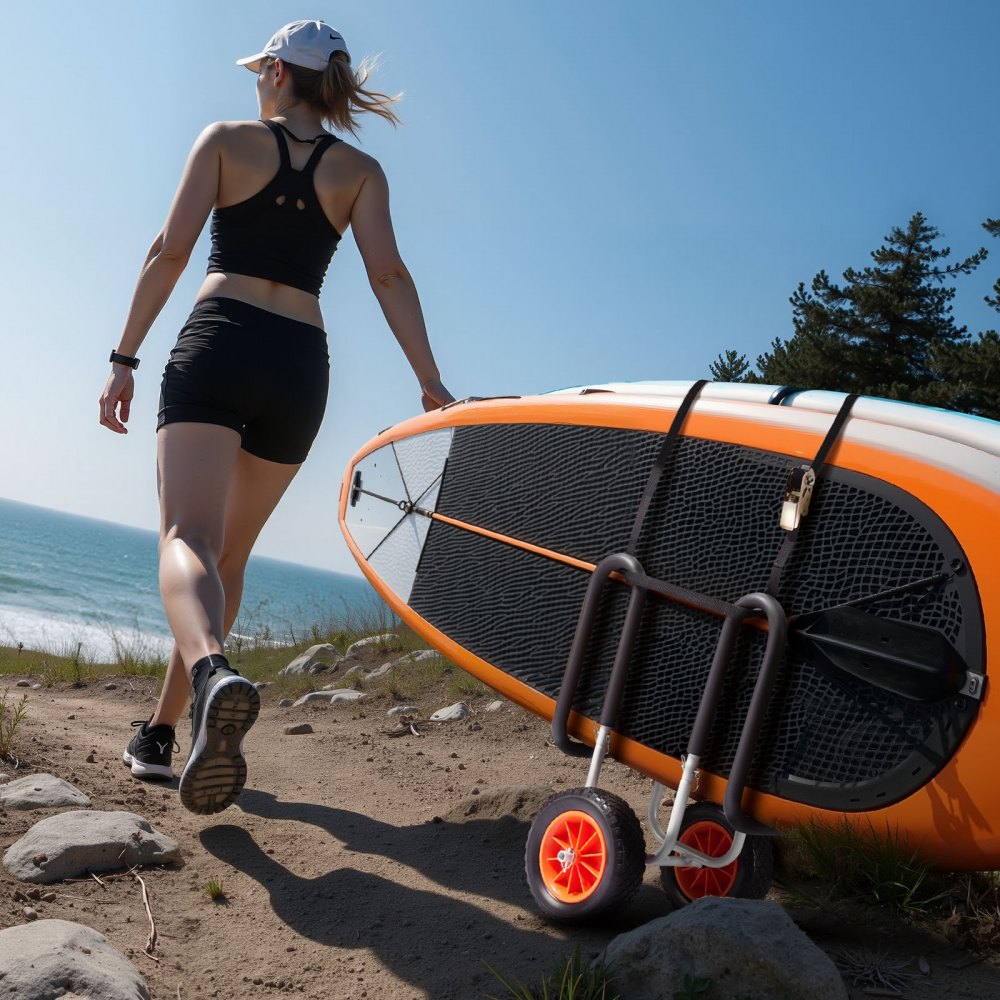 VEVOR Transportwagen, 68 kg, Stand Up Paddle Board Trolley mit 25,4 cm Vollgummireifen, Schaumstoffpolster, Spanngurt, ideale Transporthilfe für Paddleboard- und Surfboard, 520 x 500 x 680 mm