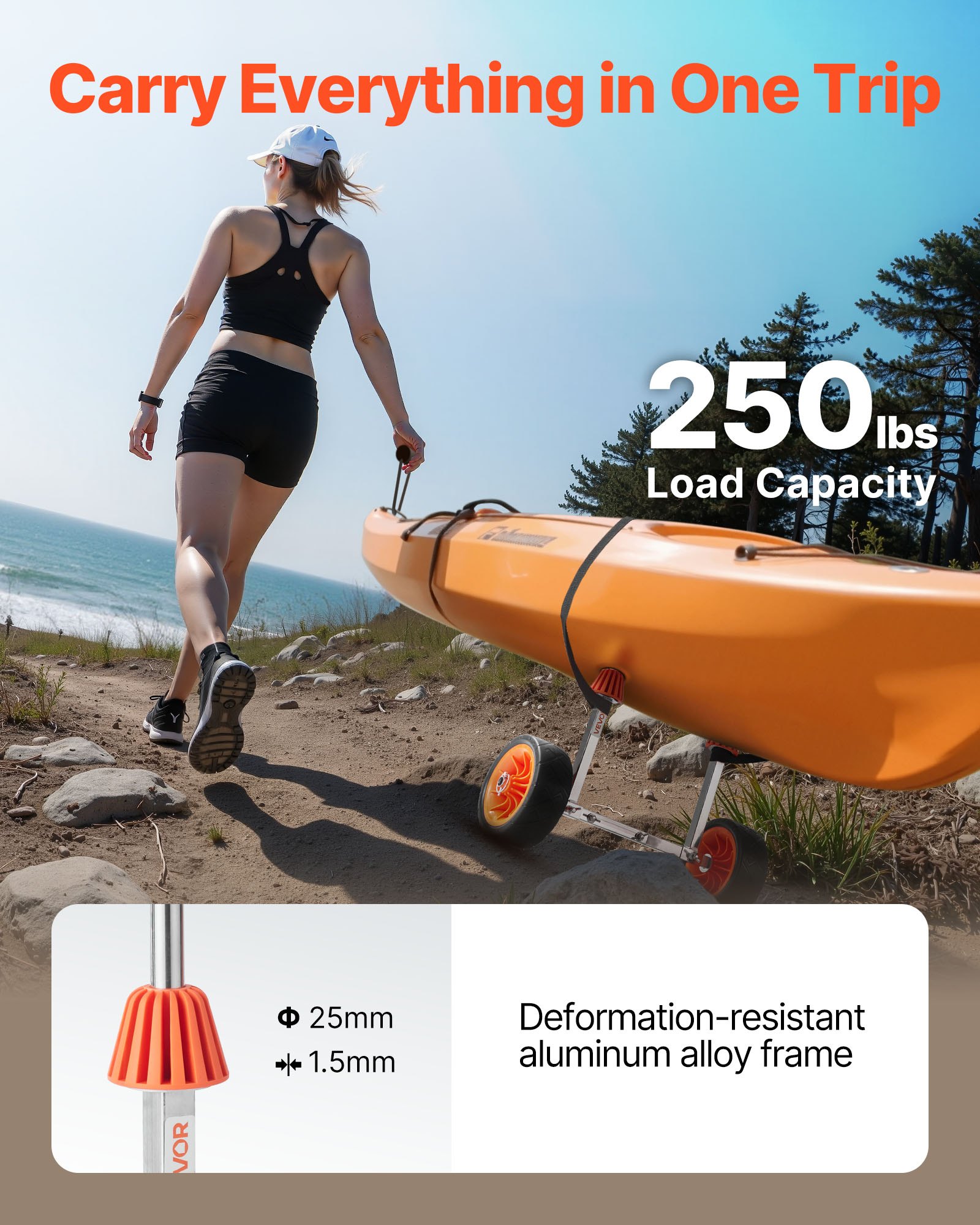 VEVOR Kajakwagen, 113 kg, Kanuwagen mit 19,1 cm Vollgummireifen & 4 m Spanngurt, Bootswagen zum Transportieren von Kajaks, Kanus, Paddleboards, Jon-Booten, Wassersportgeräte, 560x190x485 mm