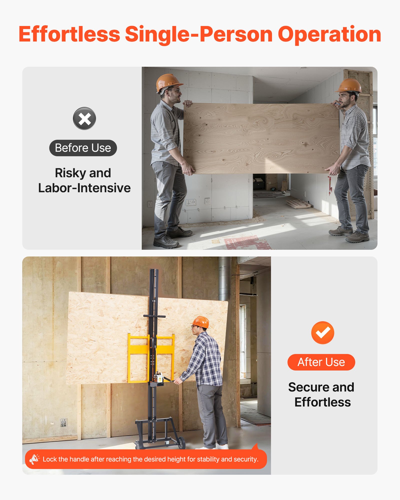 VEVOR Trockenbaulift, Plattenheber mit 68 kg für Decken- & Wandmontage, Ein-Personen-Trockenbau, 1219 x 4878 mm Max. Platten-Vertikalheber mit Rädern, einfacher Transport (Gelb)