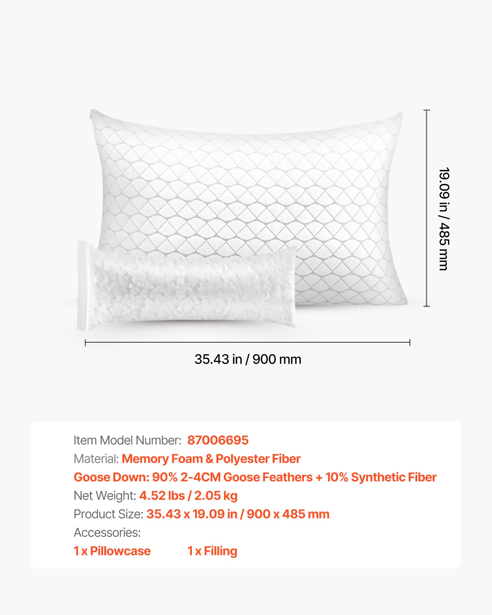 VEVOR Kopfkissen, Kingsize, Schlafkissen mit Memory-Schaum-Füllung, Bettkissen, stützend & verstellbar, inkl. Kissenbezug aus Naturfaser, Bettwäsche für Rücken-, Bauch- & Seitenschläfer