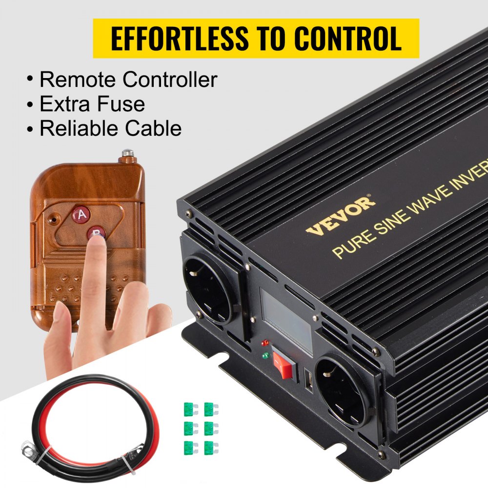 VEVOR 230V Voltage Converter Inverter, 2500W Pure Sine Wave Inverter, GYS-2500W 12V DC Pure Sine Wave Power, Pure Sine Wave Inverter with Wired Remote Control and LCD Screen