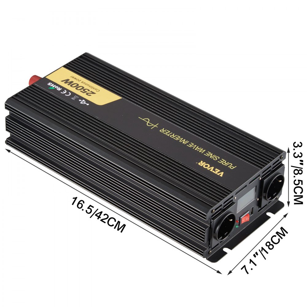 VEVOR 230V Spannungswandler Wechselrichter, 2500W Reiner Sinuswellen Wechselrichter, GYS-2500W 12V DC Pure Sine Wave Power, Reiner Sinus-Wechselrichter Fernbedienung mit Kabel LCD Bildschirm