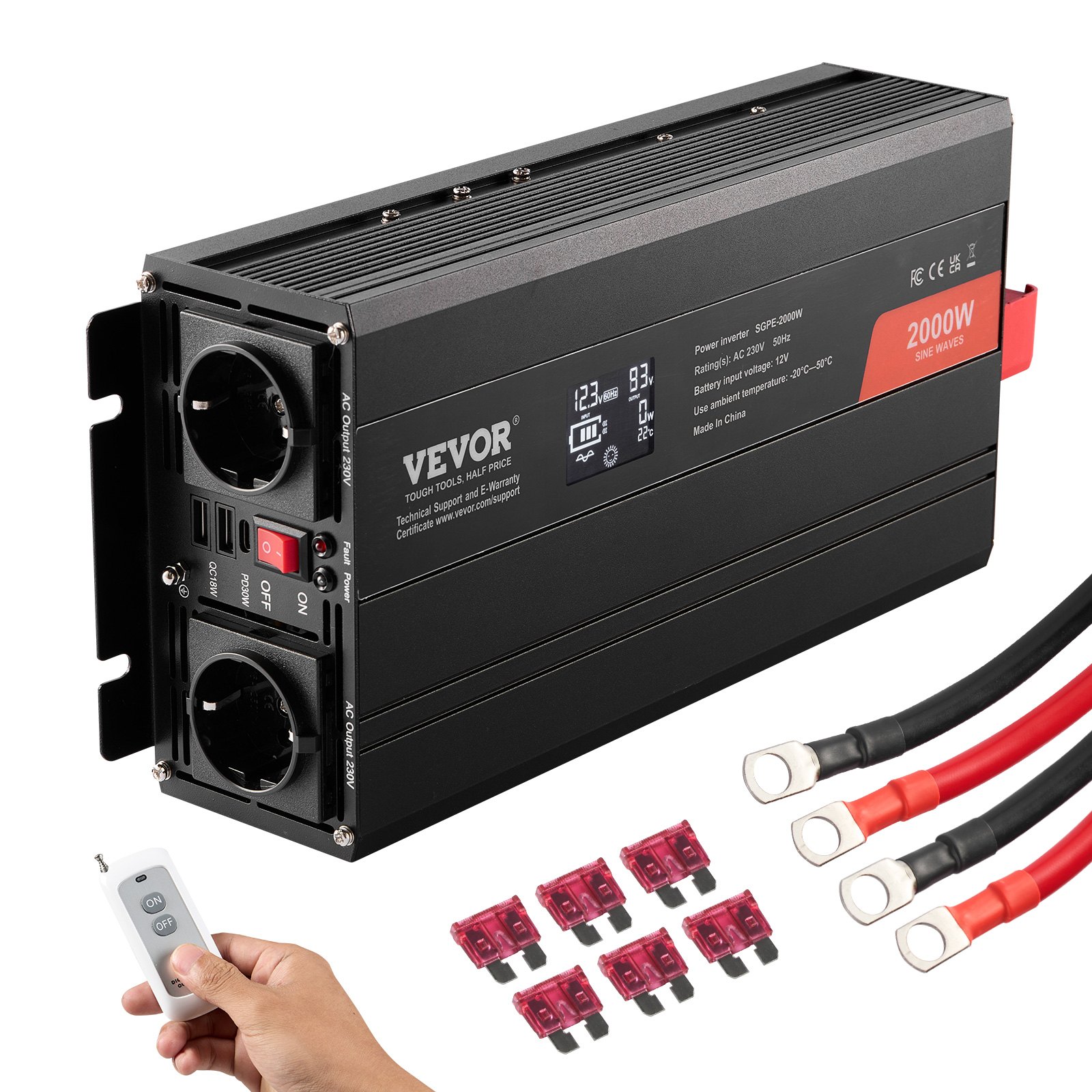 VEVOR Wechselrichter mit reiner Sinuswelle 2000W DC 12V AC 230V Spannungswandler mit 2 AC-Steckdosen 2 USB-Anschlüssen 1 Typ-C-Anschluss LCD-Display und Fernbedienung für mittelgroße Haushaltsgeräte