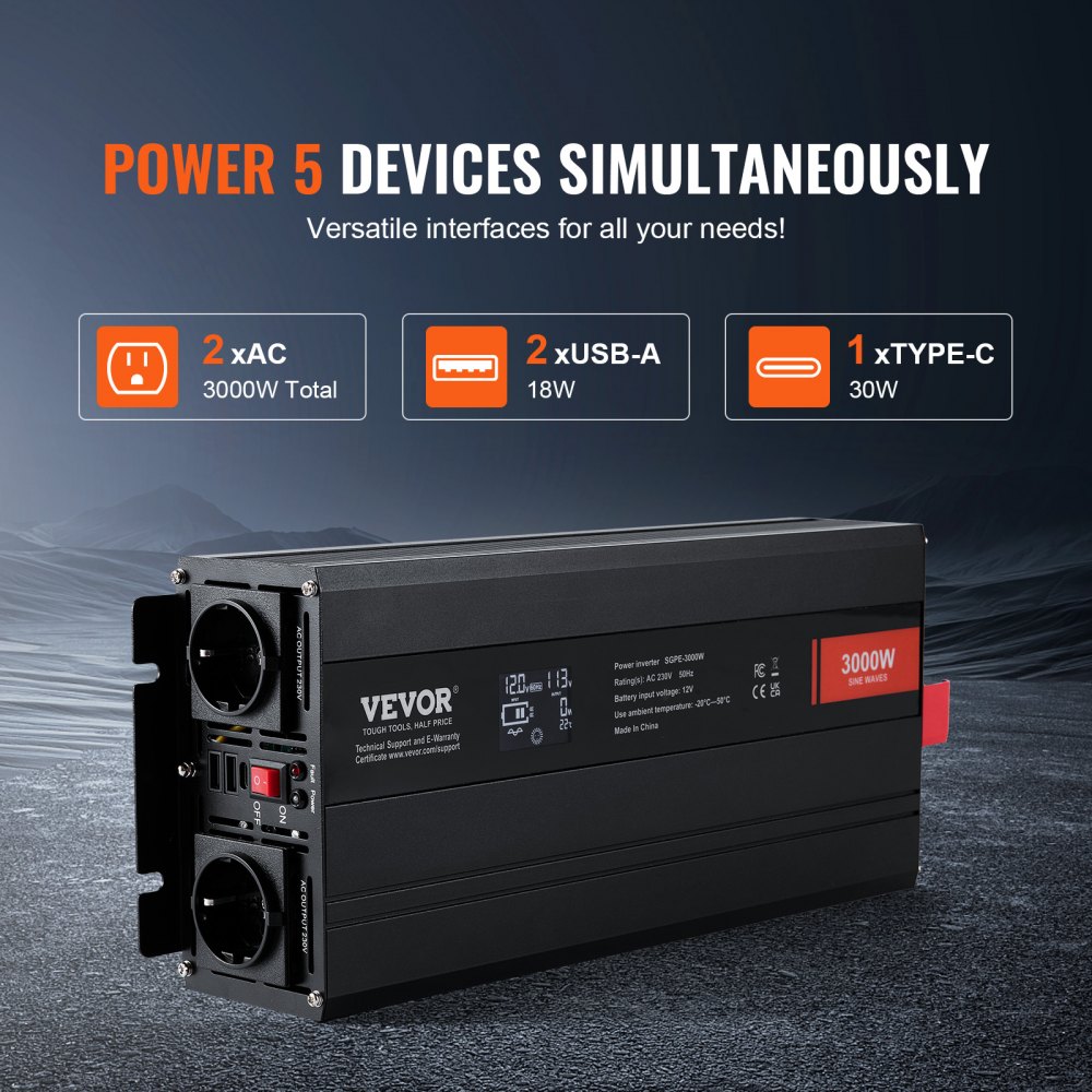 VEVOR Wechselrichter mit reiner Sinuswelle 3000W DC12V AC 230 V Spannungswandler 2 AC-Steckdosen 2 USB-Anschlüssen 1 Typ-C-Anschluss LCD-Display und Fernbedienung für große Haushaltsgeräte