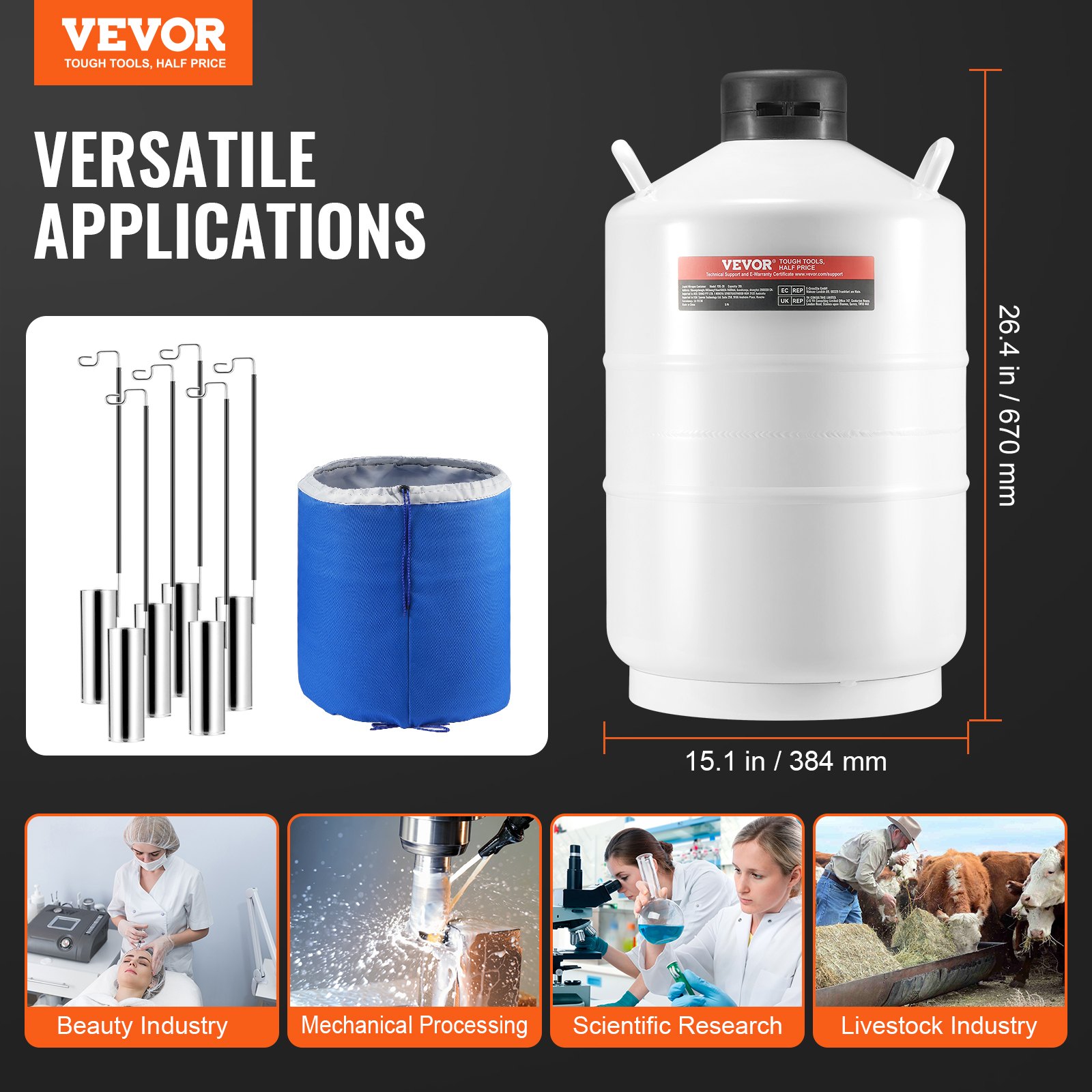 VEVOR Liquid Nitrogen Tank, 20L Liquid Nitrogen Container Made of Aluminum Alloy, LN2 Tank Dewar with 6 Canisters and Carrying Bag with Straps, Cryogenic Tank for the Beauty Industry, Seed Preservation, Scientific