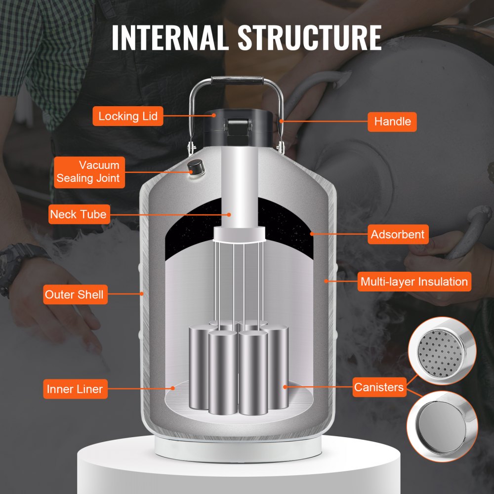VEVOR Liquid Nitrogen Tank, 3L Liquid Nitrogen Container Made of Aluminum Alloy, LN2 Tank Dewar with 6 Canisters and Carrying Bag with Straps, Cryogenic Tank for the Beauty Industry, Seed Preservation, Scientific