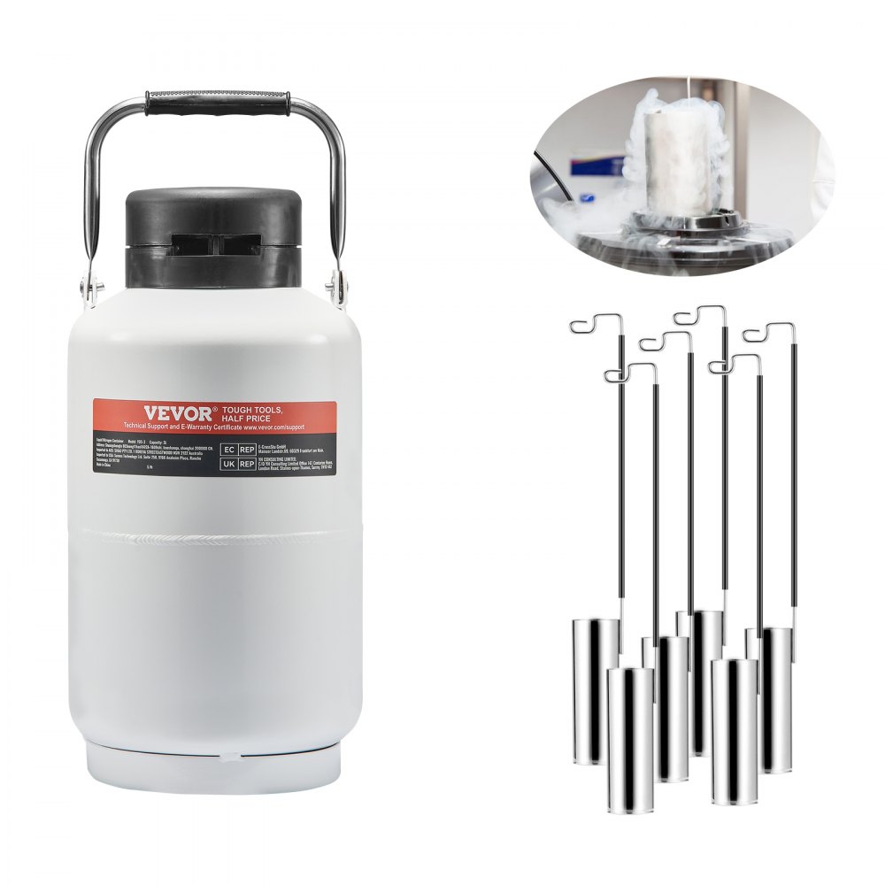 VEVOR Liquid Nitrogen Tank, 3L Liquid Nitrogen Container Made of Aluminum Alloy, LN2 Tank Dewar with 6 Canisters and Carrying Bag with Straps, Cryogenic Tank for the Beauty Industry, Seed Preservation, Scientific