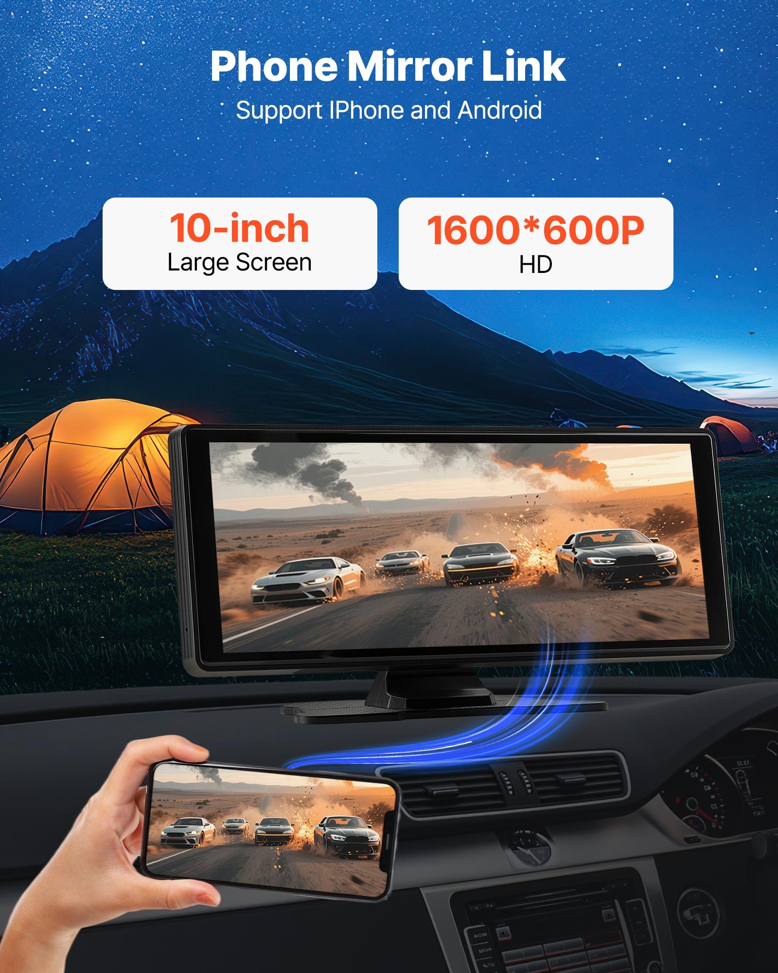 VEVOR kabelloses Autoradio (254 mm) tragbares Radio mit Touchscreen, kompatibel mit Apple CarPlay Android Auto, CarPlay-Bildschirm fürs Auto mit Sprachsteuerung Mirror Link Bluetooth GPS-Navigation