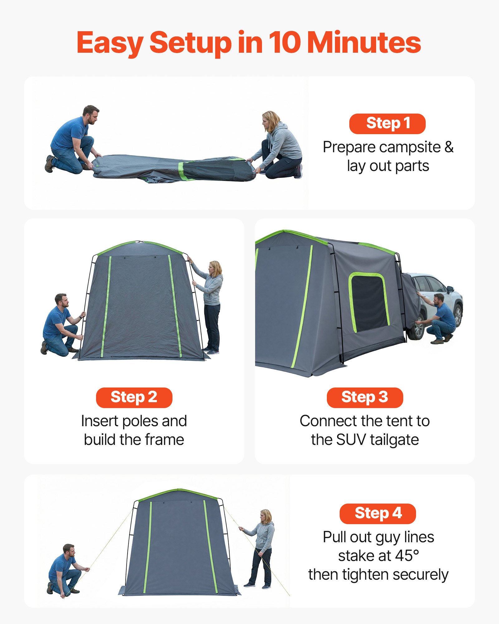 VEVOR Heckklappenzelt Autozelt für 5-9 Personen 323 x 244 x 220 cm, Wasserdichtes (PU3000 mm) Campingzelt mit Belüfteten Türen & Moskitonetzen, SUV-Heckzelt für Camping Wandern Outdoor-Aktivitäten