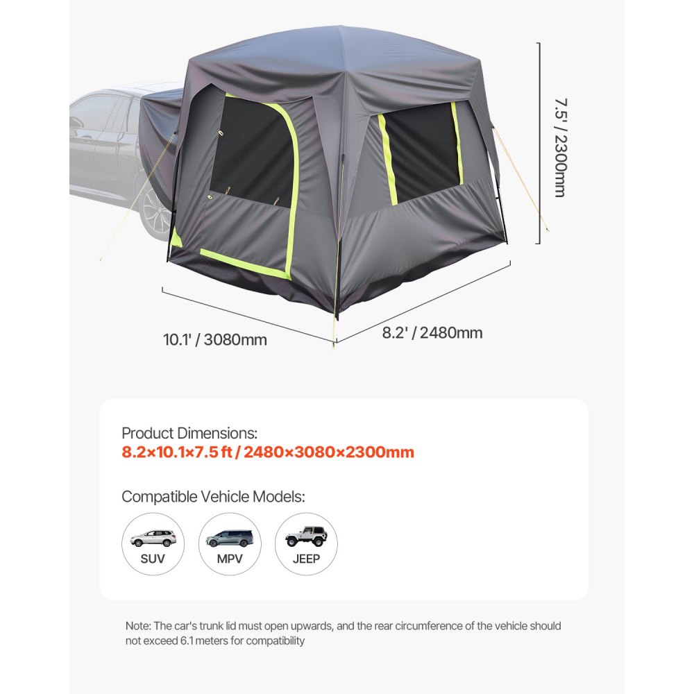 VEVOR SUV Tent Camping Car Tent (248 x 308 x 230 cm) Waterproof PU2000 Spacious Double Layer Design for 5-8 People, SUV Camping Tent with Windows & Mesh Windows & Rain Canopy & Bag