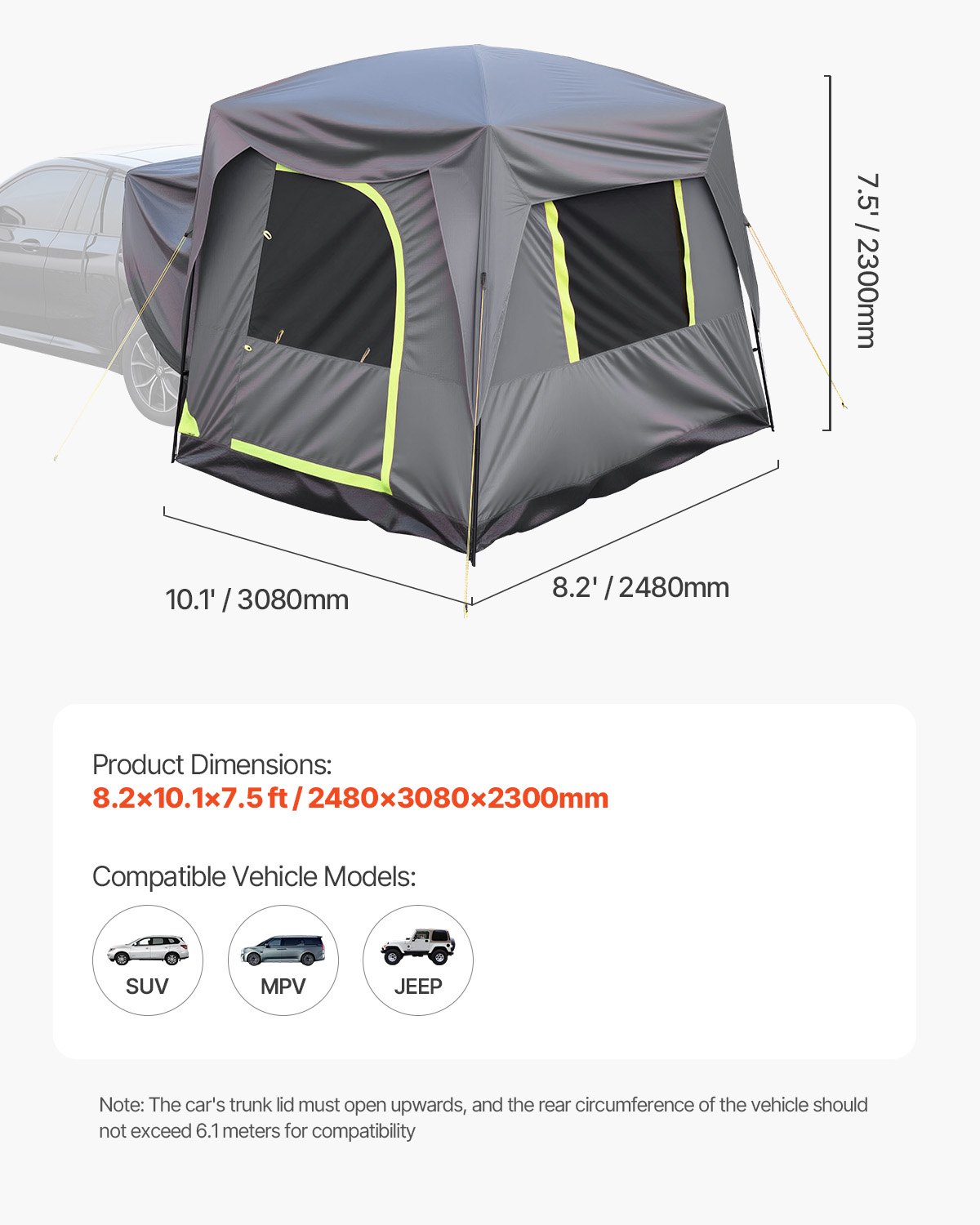 VEVOR SUV Tent Camping Car Tent (248 x 308 x 230 cm) Waterproof PU2000 Spacious Double Layer Design for 5-8 People, SUV Camping Tent with Windows & Mesh Windows & Rain Canopy & Bag