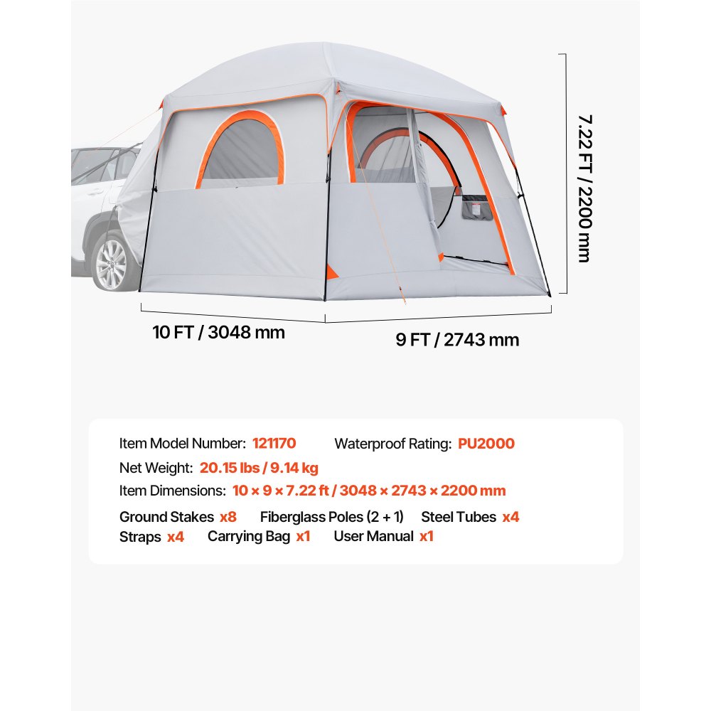 VEVOR Heckklappenzelt Autozelt für 6 Personen 3048 x 2743 x 2200 mm, Wasserdichtes (PU2000 mm) Campingzelt mit Belüfteten Türen & Moskitonetzen, SUV-Heckzelt für Camping Wandern Outdoor-Aktivitäten